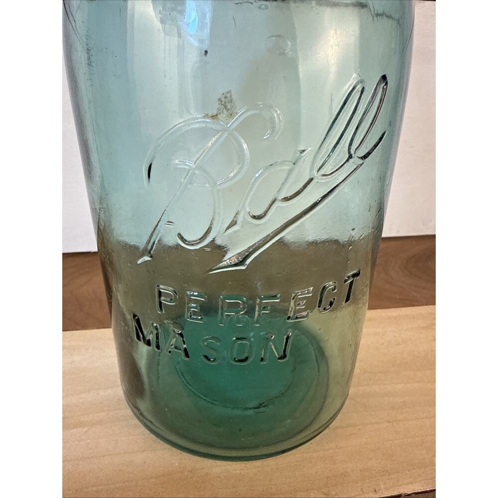 Ball Jar Perfect Mason Off Center #3 RARE 1913-15 Vintage Blue Green 1/2 Gal - Picture 2 of 7
